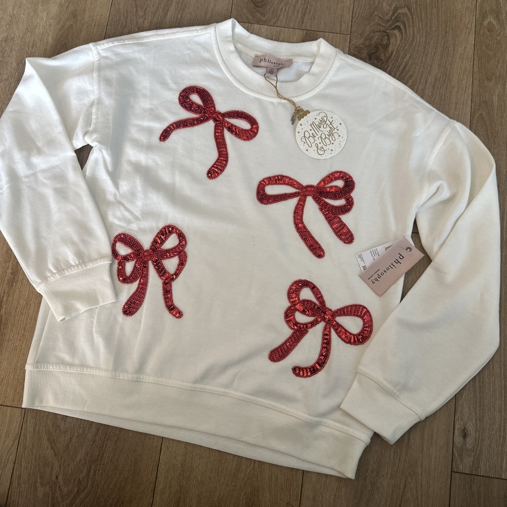 Philosophy Women's Red Sequins Bows Winter White LS Crew Neck Sweatshirt Small